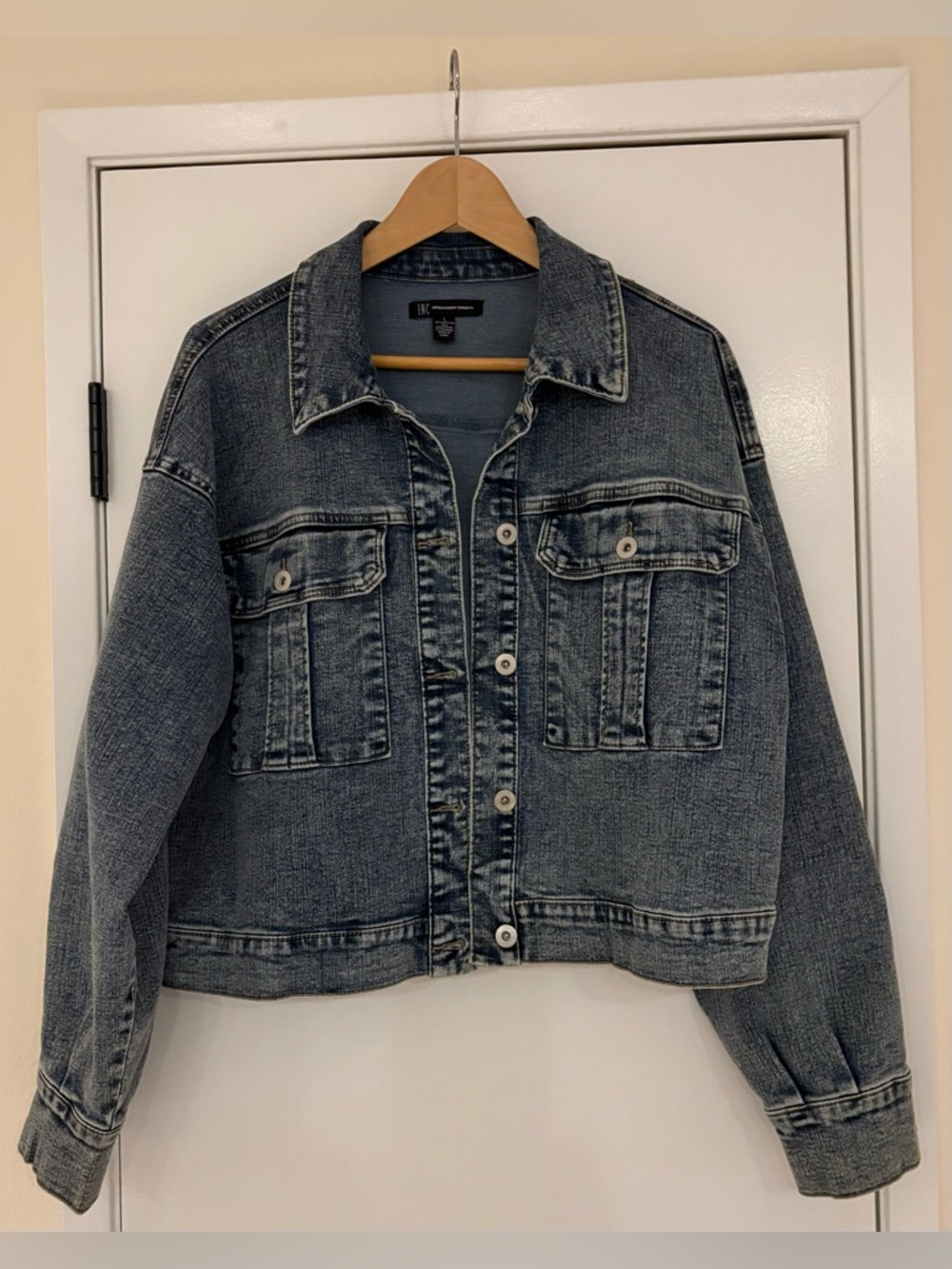INC International Concepts Washed Blue Denim Cropped Jean Jacket